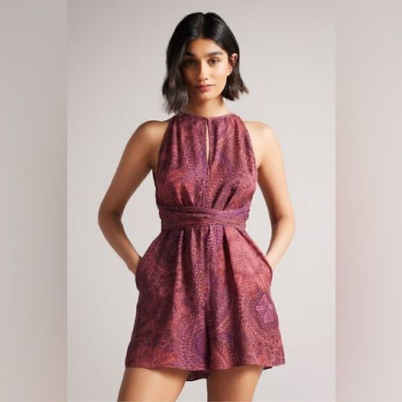NWT Ted Baker Odesia Purple Pink Romper Print Wrap Front Size 8 - Picture 6 of 16